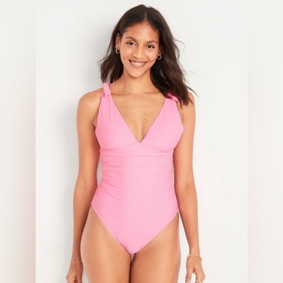 NWT! Pink Edge Neon Tie-Shoulder Ruched Plunge One-Piece Swimsuit - Size XL💎 - Picture 1 of 7